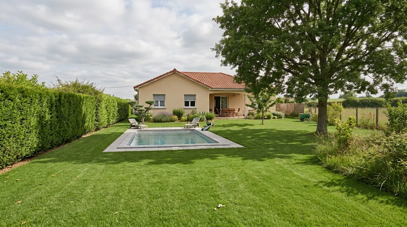 Jardin de maison individuelle avec piscine, haie taillée, olivier en taille architecturée, grand arbre et zone en friche